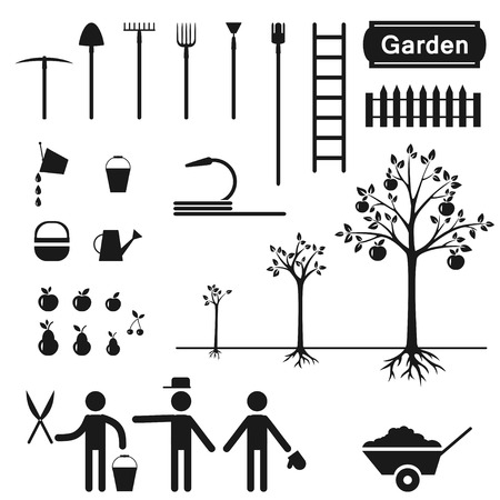 Simple silhouettes of gardener trees and garden tools.のイラスト素材