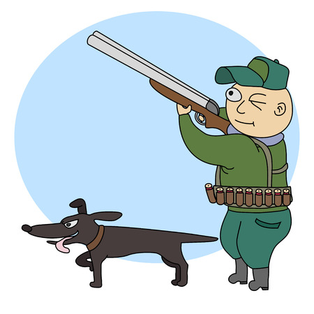 Illustration of funny hunter with a rifle and dog.のイラスト素材