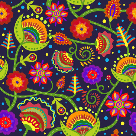 Seamless pattern with ornamental flowers on a dark background.のイラスト素材