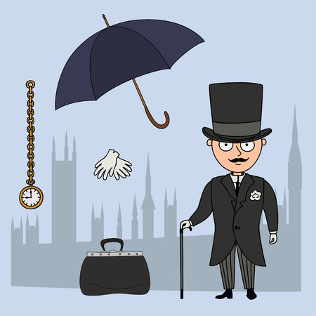 Gentleman.Set of cartoon objects that are symbols of London.のイラスト素材