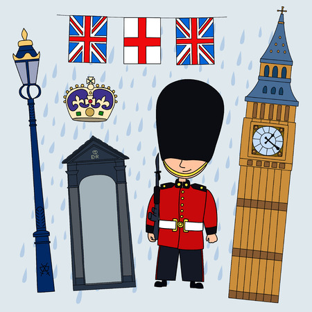 Guardsman.Set of cartoon objects that are symbols of London.のイラスト素材