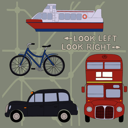 Transport.Set of cartoon objects that are symbols of London.のイラスト素材