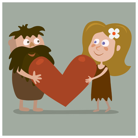Lovers cave man and a woman holding a big heart.Cartoon illustration.のイラスト素材
