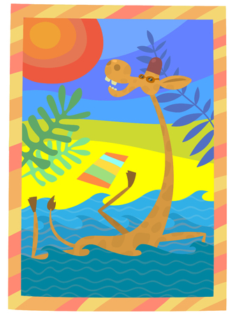 Giraffe on the beach. Funny giraffe is bathed in the sea.のイラスト素材