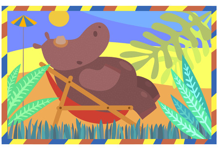 Cool Hippo resting on a sun lounger.のイラスト素材