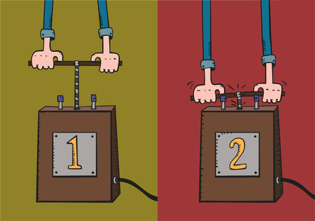 Cartoon hands push detonator lever.のイラスト素材