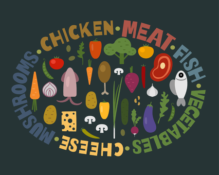 Food icons. Vector set of flat colorful food signs.のイラスト素材