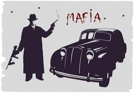 Dark silhouette of a gangster with guns near a car.のイラスト素材
