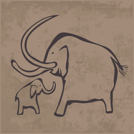 Cave drawings. Mammoth with a baby mammoth.のイラスト素材