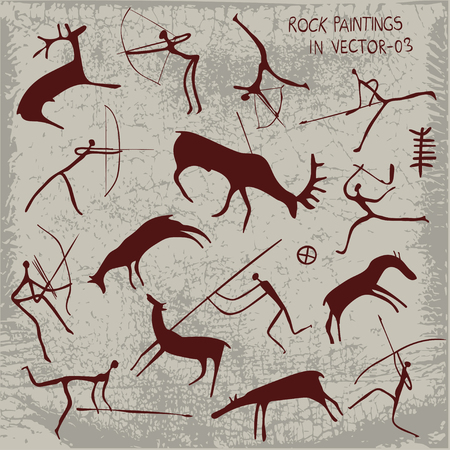 Rock paintings.Hunting scenes.Vector set.のイラスト素材