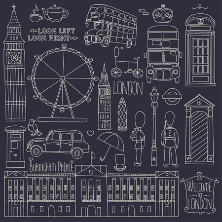 Collection of London symbols.Set of outlined icons on dark background.のイラスト素材