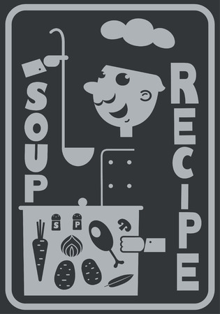 Cartoon smiling chef tastes the soup. Light  silhouette on a dark background.のイラスト素材