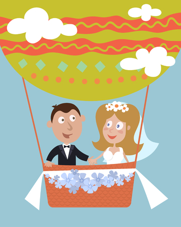 Happy newlyweds flying in a hot air ballon. Vector funny illustration.のイラスト素材