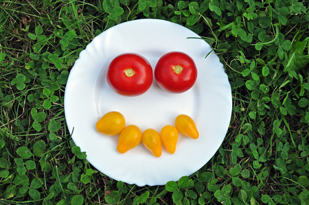 Smiling smiley made of yellow and red fresh tomatoes on a white plate.の写真素材