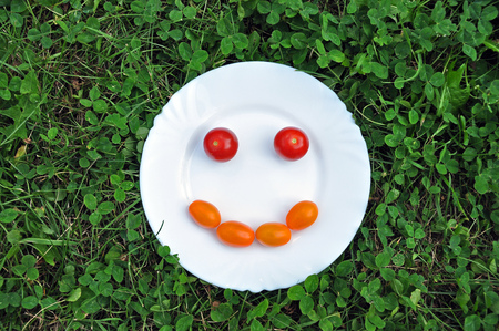 Smiling smiley made of orange and red fresh tomatoes on a white plate in the grass.の写真素材