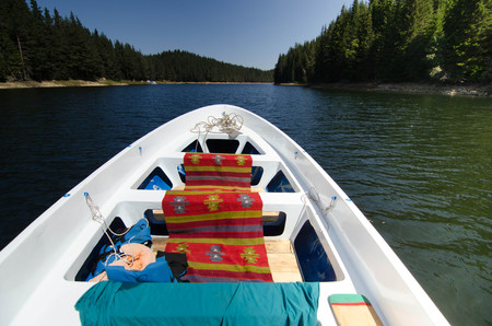 Old Country boat in the lakeの写真素材