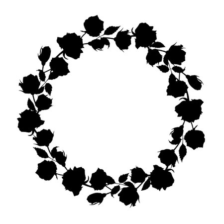 Round wreath of silhouettes of roses. The flower shapes are drawn by hand in black ink.のイラスト素材