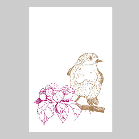 Postcard with a small bird on a flowering tree. Hand drawn vector illustration on white background.のイラスト素材