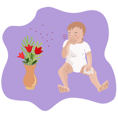 A small child is allergic. The baby sneezes and rubs his nose with his hand after contact with pollen. A boy sits on the floor with a handkerchief.のイラスト素材