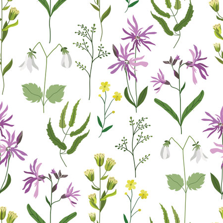 Delicate bouquets of flowers on a white background. Vector seamless pattern of botanical elements.のイラスト素材