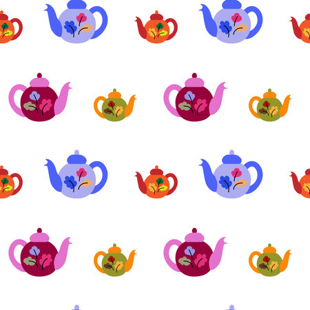 Illustration of seamless pattern of teapots with ornament on a white background. Ware for tea.のイラスト素材