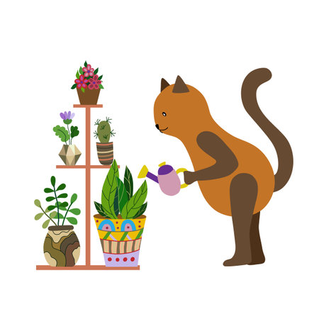 The cat character looks like a person holding a watering can in paw and caring for indoor plants.のイラスト素材