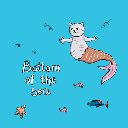 Mermaid cat in sea nature. Cute character of a kitten with a fish-like tail. Small fish, seaweed.のイラスト素材