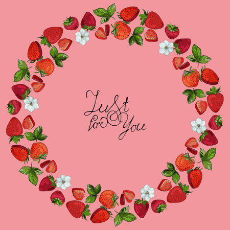 round berry design. Postcard ripe strawberries. hand drawn vector illustration. harvest festival.のイラスト素材