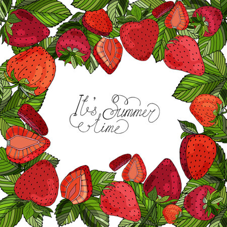 Square frame of strawberries, flowers, leaves on a white background. Inscription is summertime.のイラスト素材