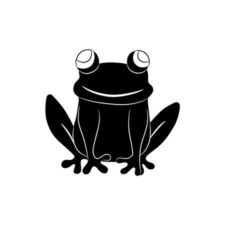 Frog character flat black silhouette isolated on white background. Funny amphibian smiles.のイラスト素材