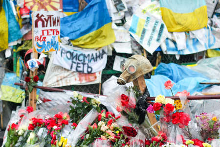 Kyiv, Ukraine - 6th of March, 2014: Memorial with candles and posters on Maidan. Ukrainian war with Russia. High-quality photoのeditorial素材