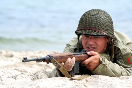Shooting American soldier in a military show from Second World Warの写真素材