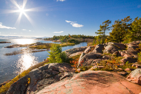 Red granite rock formation at Georgian Bay Killarney Provincial Park Ontario Canadaの写真素材