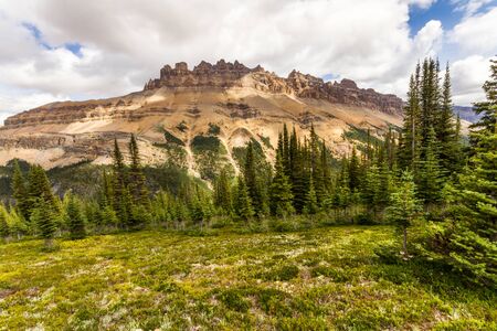 View of Dolomit Peak from the hiking trail to Helen Lake in Banff National Park, Alberta, Canadaの写真素材