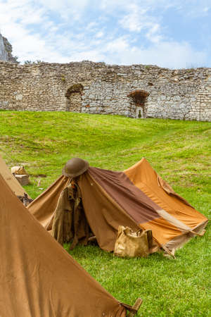 Reconstruction of a World War II military camp during a reenactment event. British military tents from World War II.の写真素材