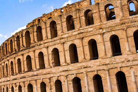 Ruins of the largest coliseum in North Africa. Demolished ancient walls Roman amphitheater at El...