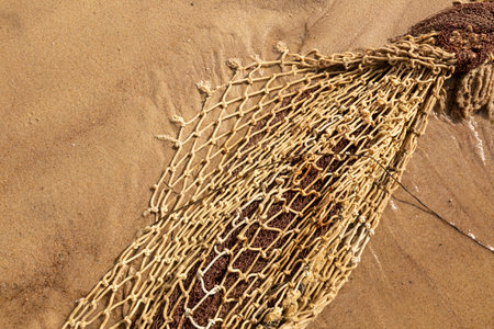 Close-up. A pick fishing net washed up on the seashore. A tangled net lies on a sandy beach. Baltic...