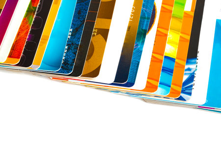 Colorful various credit cards on a white backgroundの写真素材