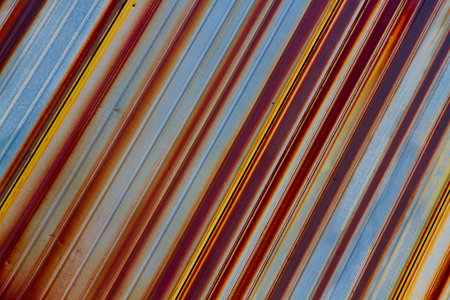 Close-up. Old rusty corrugated sheet. Colored striped background.