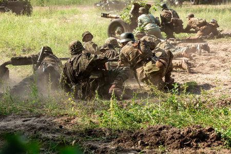 Hel, Pomerania, Poland- August 24, 2023: Reconstruction of battle from the Second World War. The...