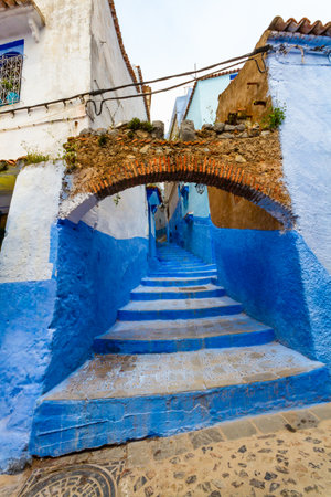Blue city. Picturesque, narrow streets and alleys of the Medina. Chefchaouen, (Chaouen) Morocco, Africaの写真素材