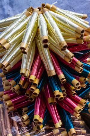 Background. Close up. Decorative, multicolored moroccan threads. Variety of colors of silk threads for sewing.の写真素材