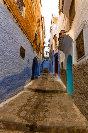 Blue city. A narrow, picturesque backstreet of the old town. Chefchaouen, Morocco, Africaの写真素材