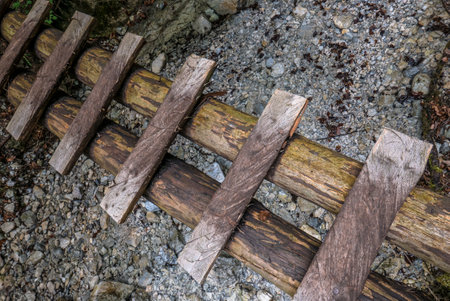 Background. Close-up. Wooden footbridge over a creek.の写真素材