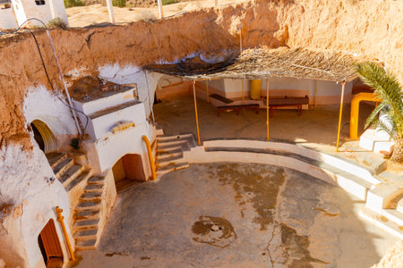 Courtyard of berber underground dwellings. Troglodyte house. Matmata, Tunisiaの写真素材