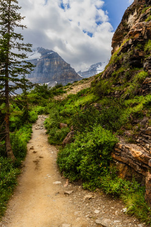Hiking trail to Plain of Six Glaciers. Narrow path in the mountains. The Rocky Mountains. Banff National Park, Alberta, Canadaの写真素材