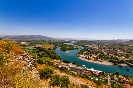 View of the meanders of the Buna (Bojana) and Drin rivers. The view from Rozafa Castle. Shkoder, Albaniaの写真素材