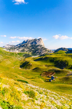 Picturesque summer mountain landscape overlooking the Dobri Do valley and Sedlena Greda peak. Sedlo pass. Durmitor National Park, Montenegroの写真素材