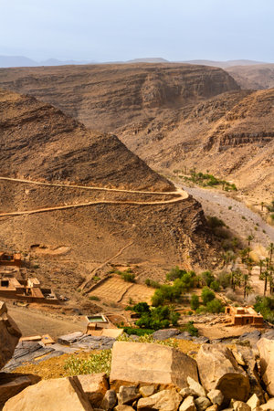 A small village in the valley, in the Jbel Saghro mountain range. The view from above. Tinghir province, Moroccoの写真素材