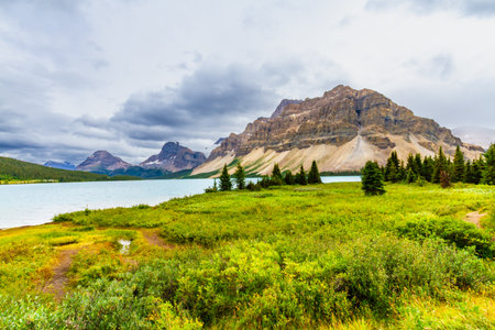The landscape of the Canadian Rocky Mountains. Bowl Lake on a foggy cloudy day. Banff National Park, Alberta, Canadaの写真素材